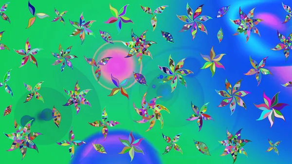 Renkli Bahar Teması eskiz kalıbı. Düz Çiçek Elementleri Tasarımı. Yeşil ve mavi renkte çiçekler. Sevimli çiçek raster deseni.