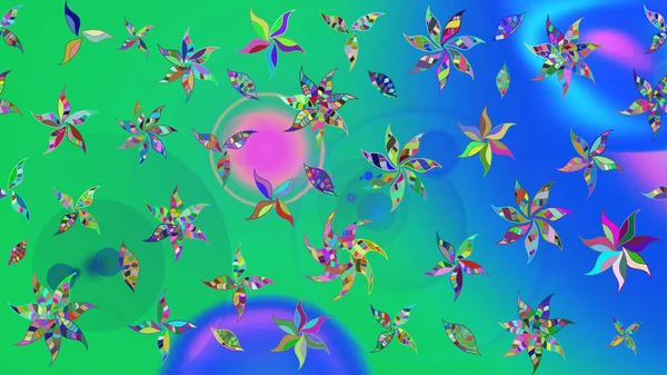 Renkli Bahar Teması eskiz kalıbı. Düz Çiçek Elementleri Tasarımı. Yeşil ve mavi renkte çiçekler. Sevimli çiçek raster deseni.