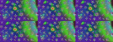 Yeşil ve mavi renkli etnik çiçekli zarif eskiz deseni. Asya Tekstil 'inde Raster Çiçek İllüstrasyonu.