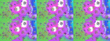 Raster illüstrasyonundaki çiçek desenli çizim. Mor ve yeşil renkte çiçekler. Renkli Bahar Teması eskiz kalıbı. Düz Çiçek Elementleri Tasarımı.