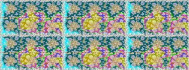 Altın karalama fantezi yapraklarından ve mavi renkli çiçeklerden Raster soyut çiçek çelengi. El yapımı dekoratif çerçeve, albüm kapağı, tebrik kartı, klasik Art deco tarzı.