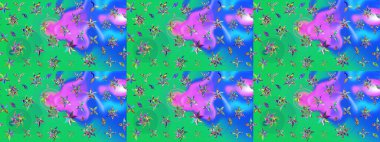 Yeşil ve mavi renkte çiçekler. Renkli Yaz Temalı eskiz kalıbı. Düz Çiçek Elementleri Tasarımı. Raster illüstrasyonunda çiçek deseni çizimi.