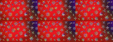 Millefleur 'lar. Küçük kırmızı ve mor renkte güzel bir besin torbası deseni, çiçekler. Tekstil, kumaş, kapaklar, duvar kağıtları, baskı, paket, koleksiyon defteri, örgü, dekupaj için çiçek arkaplanı..