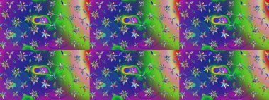 Çiçekli eskiz çizimi. Yeşil ve mor renkli çiçekler. Renkli Yaz Temalı eskiz kalıbı. Düz Çiçek Elementleri Tasarımı.