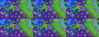 Raster illüstrasyonundaki çiçek desenli çizim. Yeşil ve mavi renkte çiçekler.