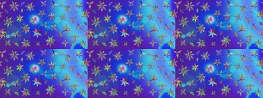 Mavili ve menekşe rengi zarif küçük çiçekler ve mavi ve mor renkli komik böcekler, raster desen, illüstrasyon.