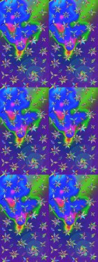 Elle çizilmiş çiçek desenli Raster çizimi. Tekstil, kumaş, ambalaj, hatıra defteri için hoş bir çiçek arkaplanı. Çocuksu tasarım. Mavi ve mor arkaplanda.