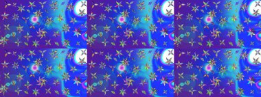 Raster düz çiçek çizim deseni. Hediye ambalaj kağıdı, tebrik kartları, posterler ve pankart tasarımı. Mavi ve mor renkte çiçekler.