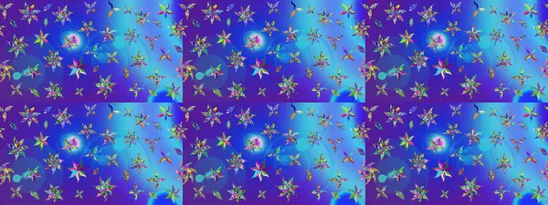 Mavili ve menekşe rengi zarif küçük çiçekler ve mavi ve mor renkli komik böcekler, raster desen, illüstrasyon.