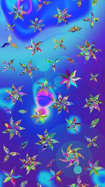 Sevimli çiçek raster deseni. Mavi ve mor renkli çiçekler. Renkli Yaz Temalı eskiz kalıbı. Düz Çiçek Elementleri Tasarımı.