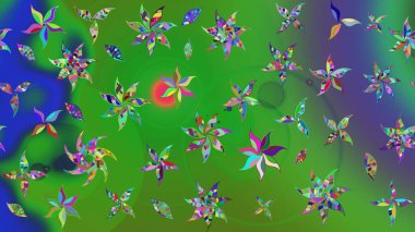 Suluboya elle çizilmiş çiçek desenli eskiz deseni. Parlak renkli fantezi çiçekleri, yapraklar, renkli tomurcuklar.