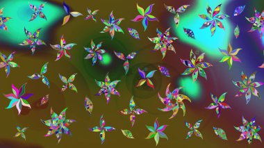 Raster düz çiçek çizim deseni. Hediye ambalaj kağıdı, tebrik kartları, posterler ve pankart tasarımı. Yeşil ve kahverengi renkte çiçekler.