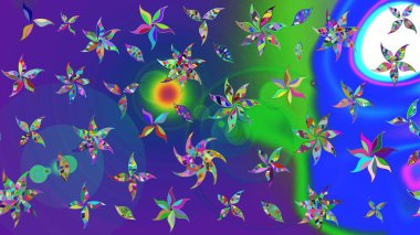 Raster illüstrasyonundaki çiçek desenli çizim. Suluboya tarzında mavi ve mor renkte çiçekler.