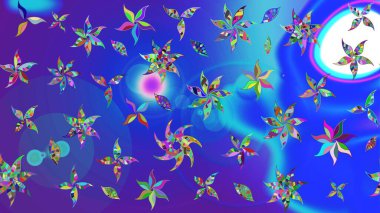 Çiçekli karalama şeklinde Raster çiçek deseni. Nazik, sevimli çiçek arkaplanı. Mavi ve mor renkte çiçekler.