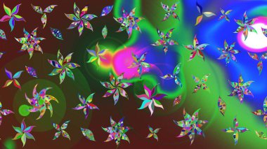 Yaprak ve çiçeklerin suluboya resimleri, yeşil ve mavi renkler üzerine çizimler. Yumuşak, bahar çiçekleri yeşil ve mavi renklerde. Raster illüstrasyonu.