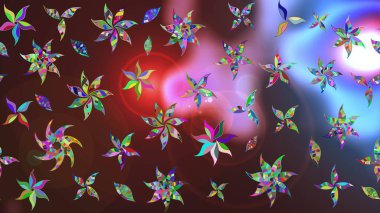 Kumaş desenli papatya çiçeği detayı. Kahverengi ve mor renkte çiçekler.