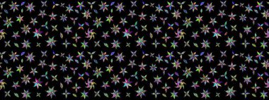 Küçük çiçekteki sevimli çiçek deseni. Bir sürü siyah ve yeşil soyut çiçekli tropik eskiz deseni. Varicoloblack ve Green Raster çizimi.