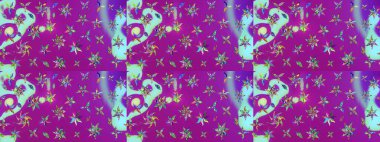 Renkli desenli eskiz deseni, mor ve mor çiçekler ve dekoratif elementler. Eskiz geçmişi. Raster illüstrasyonu. Eski usul. Kumaş, tekstil ve duvar kağıdı baskısı için..