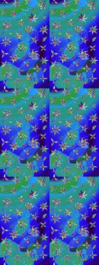 Tekrar eden çiçek arkaplanı, zarif mavi ve yeşil çiçek duvar kağıdı. Mavi ve yeşil renkler üzerine çiçek desenli çizimler, el yapımı papatyalar, papatyalar..