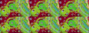 Raster deseni. Raster illüstrasyonu. Kibar, yaz çiçekleri yeşil ve kırmızı renklerde. Küçük çiçekte sevimli çiçek deseni var..