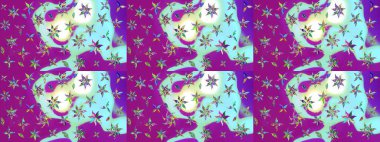 Mor ve mavi arka planda. Elle çizilmiş çiçek desenli Raster çizimi. Tekstil, kumaş, ambalaj, hatıra defteri için hoş bir çiçek arkaplanı. Çocuksu tasarım.