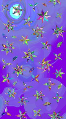 Raster illüstrasyonu. Mor ve mavi renklere karalamalar çizilmiş çiçek deseni.