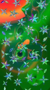 Raster illüstrasyonu. Çiçek ve yapraklı karalama şeklinde Raster çiçek deseni. Yeşil ve mavi renklerde bahar çiçekleri..