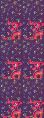 Raster Çiçek İllüstrasyonu güzel tekstil. Mor ve mor renkli etnik çiçeklerle zarif bir eskiz..