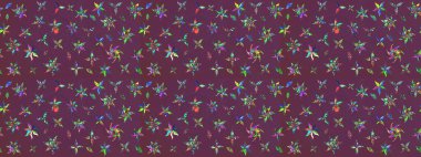 Parlak renkli çiçekleri ve kahverengi ve mor renkli yaprakları olan harika bir çiçek deseni. Moda baskıları için zarif bir şablon. Modern çiçek arkaplanı. Halk stili.