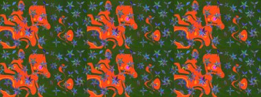 Klasik çiçek tasarımı elementleri. Yeşil ve turuncu kıvırcık çiçekler yeşil ve turuncu renklerde şekillenir. Raster illüstrasyonu.