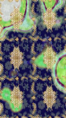 Raster oryantal süs. Altın şablonu çiz. Mavi renkler ve altın elementlerle çizim deseni.