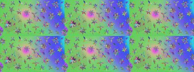 Raster illüstrasyonu. Küçük çiçekli basit bir çiçek çizimi. Moda baskısı, albüm, ambalaj kağıdı ve duvar kağıdı için zarif dekoratif süslemeler. Yeşil ve mor renkli şirin çiçekler..