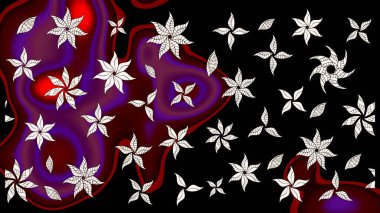 Raster illüstrasyonu. Siyah ve mor renklere karalamalar çizilmiş çiçek deseni.