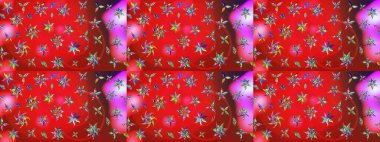 Eskiz arkaplan modeli. Raster - stok. Yapraklı çiçekler ve kırmızı ve pembe renklerde papatya çiçekleri..