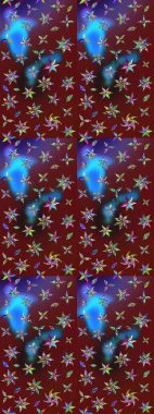 Suluboya elle çizilmiş çiçek desenli eskiz deseni. Parlak renkli fantezi çiçekleri, yapraklar, kırmızı ve kahverengi renkli tomurcuklar, kırmızı ve kahverengi.