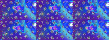 Parlak renkli çiçekleri ve mavi ve menekşe renklerinde yaprakları olan harika bir çiçek deseni. Moda baskıları için zarif bir şablon. Modern çiçek arkaplanı. Halk stili.