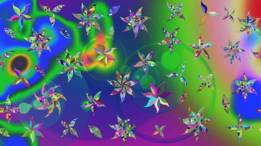 Raster düz çiçek çizim deseni. Hediye ambalaj kağıdı, tebrik kartları, posterler ve pankart tasarımı. Yeşil ve mavi renkte çiçekler.