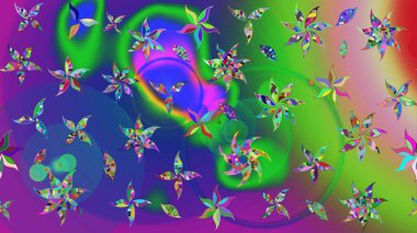 Raster illüstrasyonundaki çiçek desenli çizim. Yeşil ve mavi renkte çiçekler.