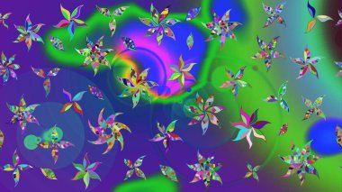 Şirin çiçekli eskiz deseni ve yeşil ve mor renkli yapraklar, suluboya çiçek deseni, duvar kağıdı, kart ya da kumaş için fayanslı. Raster illüstrasyonu.