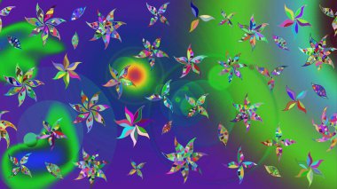 Raster illüstrasyonundaki çiçek desenli çizim. Yeşil ve mavi renkte çiçekler. Renkli Bahar Teması eskiz kalıbı. Düz Çiçek Elementleri Tasarımı.