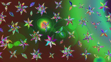 Çiçekli karalama şeklinde Raster çiçek deseni. Yumuşak, bahar çiçekli arka plan. Yeşil ve kahverengi renkte çiçekler.