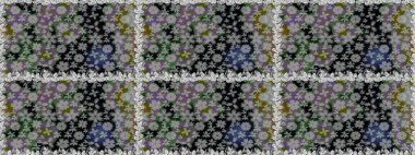 Motley illüstrasyonu. Gri ve siyah çiçekli bahar çiçekleri. Moda baskıları için zarif bir şablon. Küçük çiçekte güzel bir desen. Küçük renkli çiçekler..