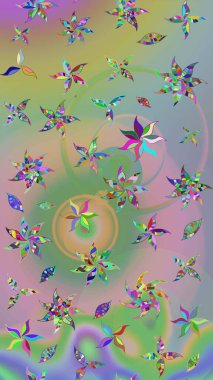 Asya tekstil tarzında. Raster illüstrasyonu. Tarafsız ve yeşil renklerde çiçekler. Çiçek desenli çizim. Raster illüstrasyonu.