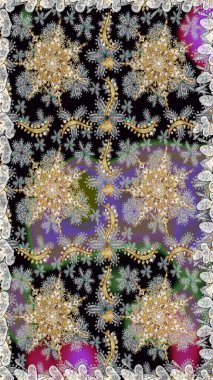 Altın şablon. Kart, duvar kağıdı, ambalaj ve tekstil için klasik tasarım. Kusursuz desenli altın elementler. Gri ve siyah renklerin kraliyet retrosu. Klasik çiçek dokusu. Raster illüstrasyonu.