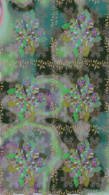 Gri ve yeşil renklerde. Raster illüstrasyonu. Çiçek buketleriyle klasik tarzda kusursuz desen.