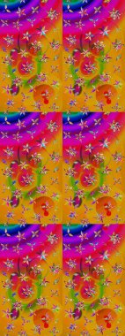 Sarı ve morumsu renkte çiçekler. Düz Çiçek Elementleri Tasarımı. Renkli Bahar Teması eskiz kalıbı. Raster illüstrasyonunda çiçek deseni çizimi.