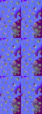 Raster düz çiçek çizim deseni. Hediye ambalaj kağıdı, tebrik kartları, posterler ve pankart tasarımı. Mor ve mavi renkte çiçekler.