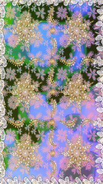 Tarafsız ve mavi renklerde altın elementlerle geleneksel altın sarısı desen. Barok tarzında kusursuz bir doğulu süsü..