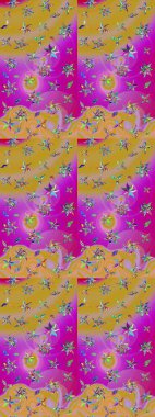 Raster illüstrasyonu. Yaprak ve çiçeklerin suluboya resimleri, sarı ve morumsu renkler üzerine çizimler. Sarı ve morumsu renklerde bahar çiçekleri..