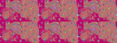 Nazik, yaz çiçekleri pembe ve morumsu renklerde. Çiçekli karalama şeklinde Raster çiçek deseni. Raster illüstrasyonu.